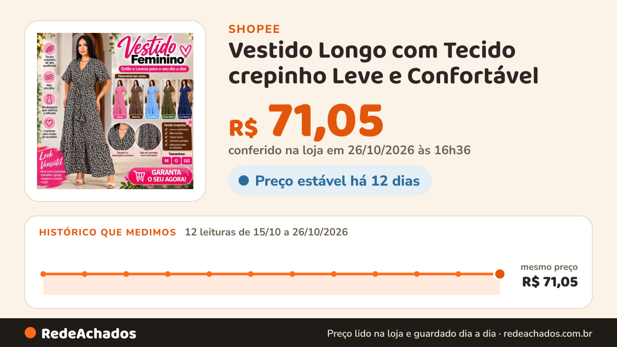 Histórico de preço de Vestido Longo com Tecido crepinho Leve e Confortável na Shopee: 12 leituras de 15/10/2026 a 26/10/2026, mesmo preço, R$ 71,05, em todas; R$ 71,05 conferido em 26/10/2026 às 16h36