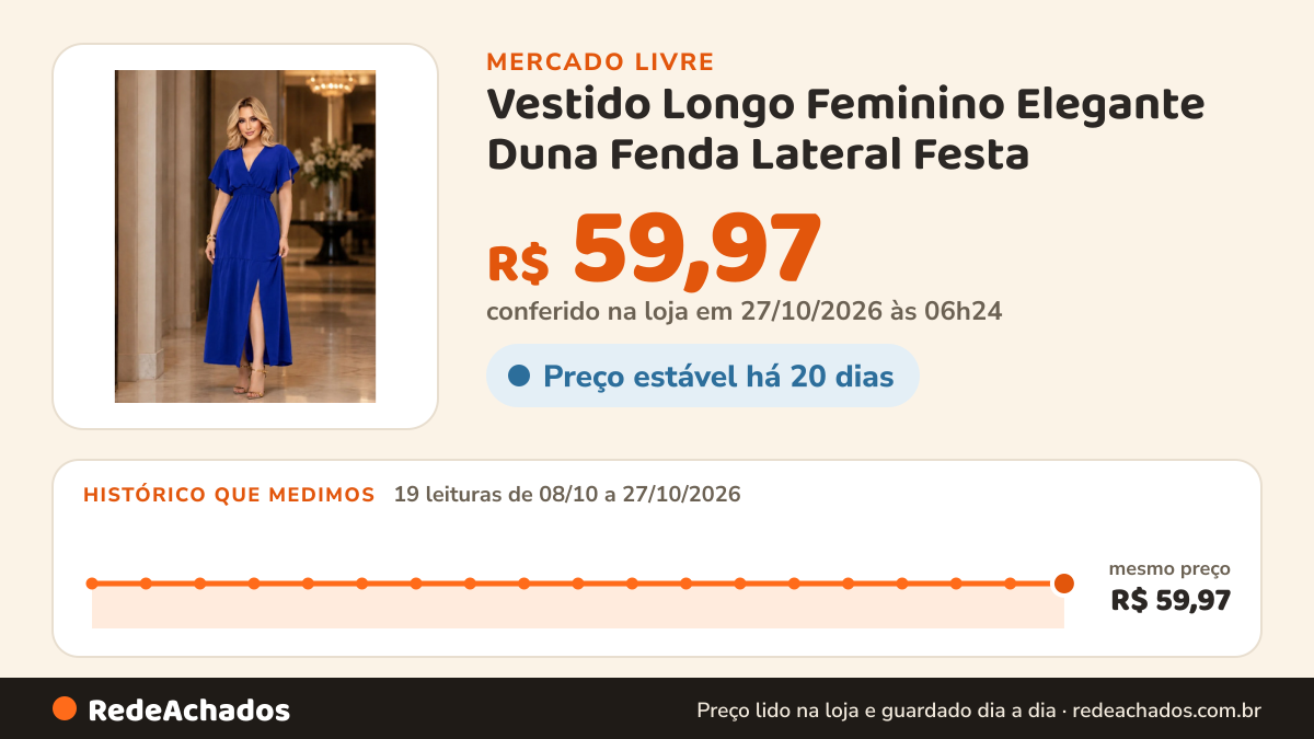 Histórico de preço de Vestido Longo Feminino Elegante Duna Fenda Lateral Festa no Mercado Livre: 19 leituras de 08/10/2026 a 27/10/2026, mesmo preço, R$ 59,97, em todas; R$ 59,97 conferido em 27/10/2026 às 06h24