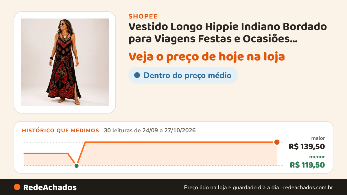 Histórico de preço de Vestido Longo Hippie Indiano Bordado para Viagens Festas e Ocasiões Especiais Tamanho… na Shopee: 30 leituras de 24/09/2026 a 27/10/2026, menor R$ 119,50, maior R$ 139,50; R$ 139,50 conferido em 26/10/2026 às 21h33