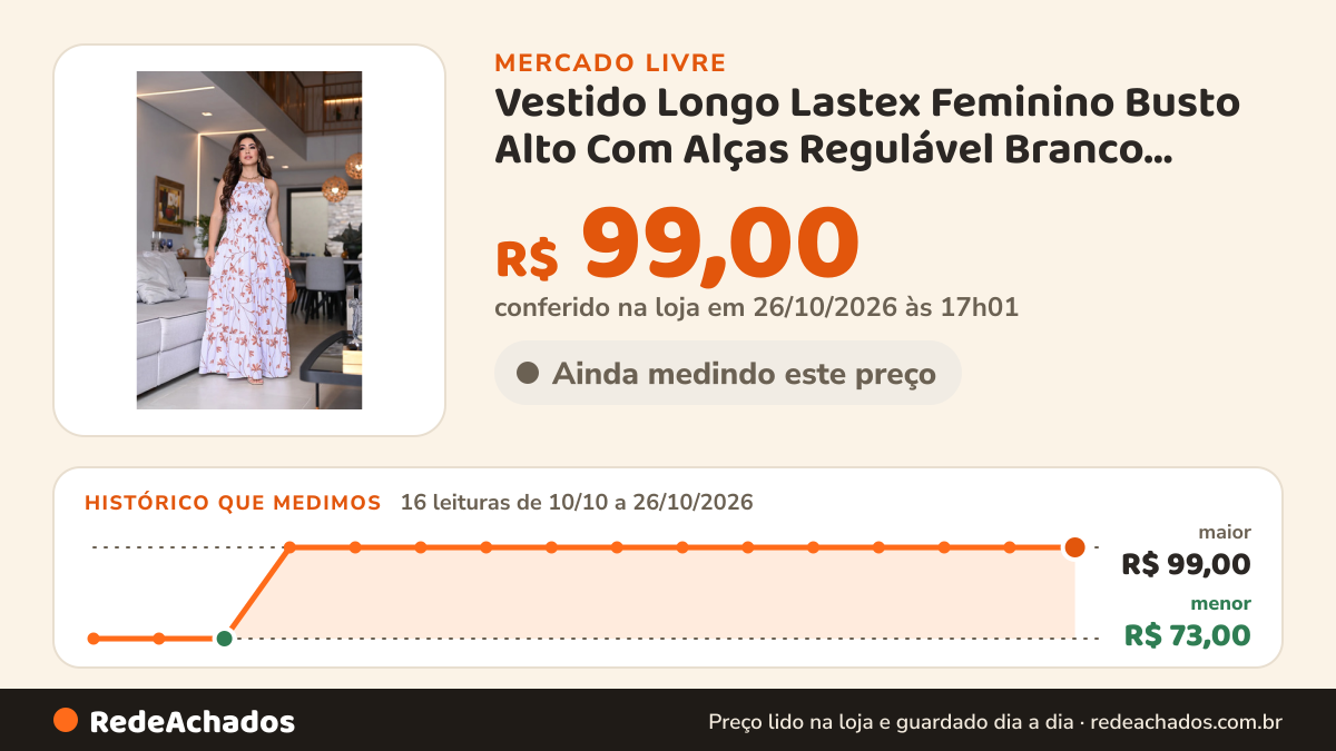 Histórico de preço de Vestido Longo Lastex Feminino Busto Alto Com Alças Regulável Branco Único 36 - 46 no Mercado Livre: 16 leituras de 10/10/2026 a 26/10/2026, menor R$ 73,00, maior R$ 99,00; R$ 99,00 conferido em 26/10/2026 às 17h01
