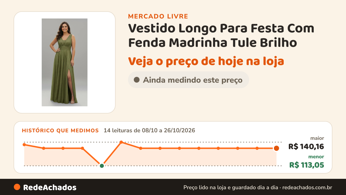 Histórico de preço de Vestido Longo Para Festa Com Fenda Madrinha Tule Brilho no Mercado Livre: 14 leituras de 08/10/2026 a 26/10/2026, menor R$ 113,05, maior R$ 140,16