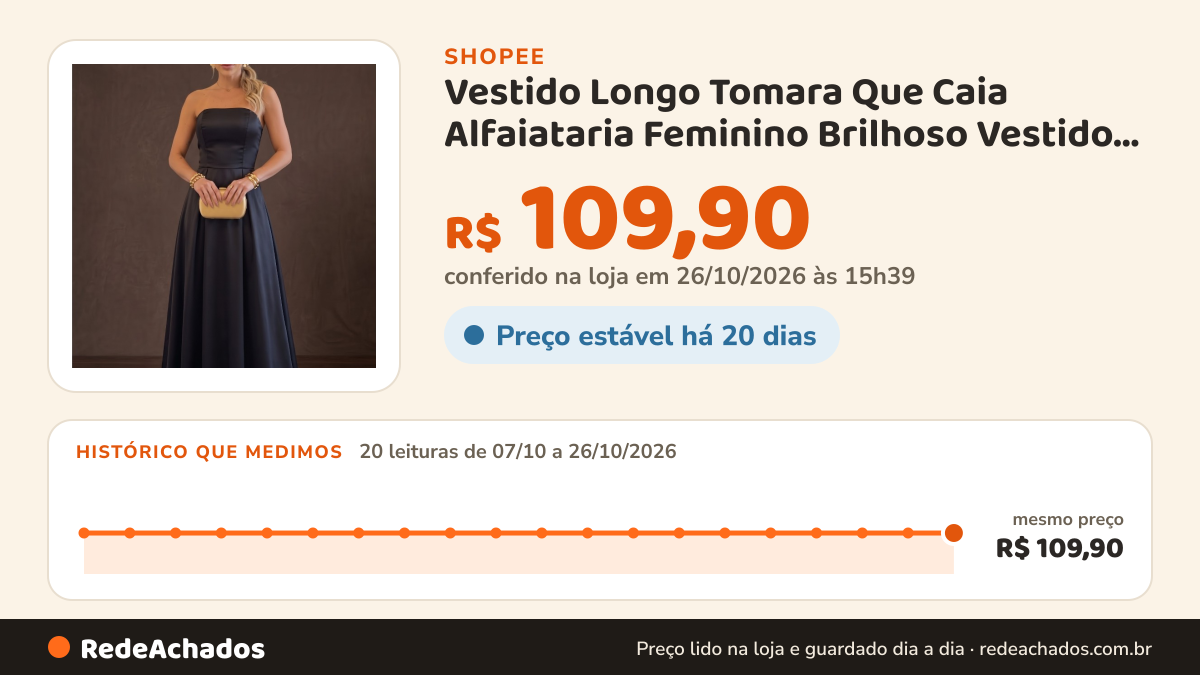 Histórico de preço de Vestido Longo Tomara Que Caia Alfaiataria Feminino Brilhoso Vestido de Festa Elegante na Shopee: 19 leituras de 07/10/2026 a 25/10/2026, mesmo preço, R$ 109,90, em todas; R$ 109,90 conferido em 25/10/2026 às 10h21