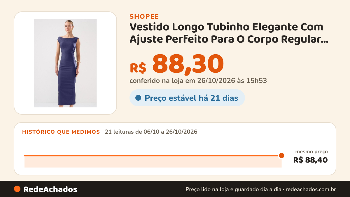 Histórico de preço de Vestido Longo Tubinho Elegante Com Ajuste Perfeito Para O Corpo Regular Liso Envio… na Shopee: 20 leituras de 06/10/2026 a 25/10/2026, mesmo preço, R$ 88,40, em todas; R$ 88,30 conferido em 25/10/2026 às 10h50