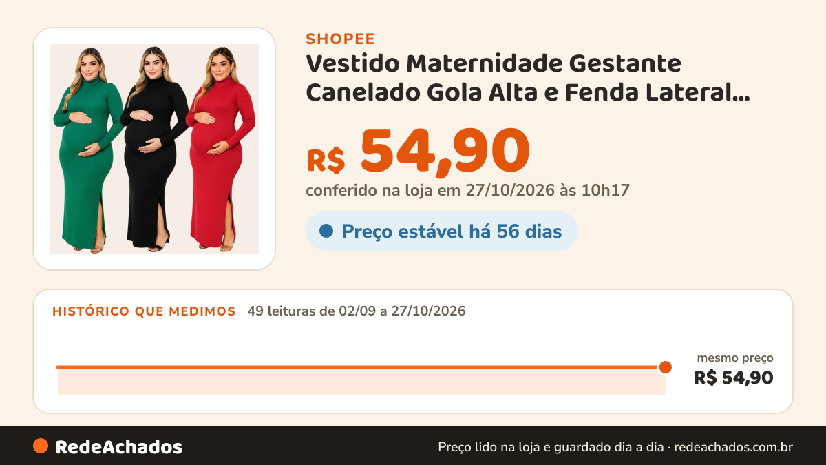 Histórico de preço de Vestido Maternidade Gestante Canelado Gola Alta e Fenda Lateral Moda de Inverno Gestantes… na Shopee: 48 leituras de 02/09/2026 a 26/10/2026, mesmo preço, R$ 54,90, em todas; R$ 54,90 conferido em 26/10/2026 às 04h42