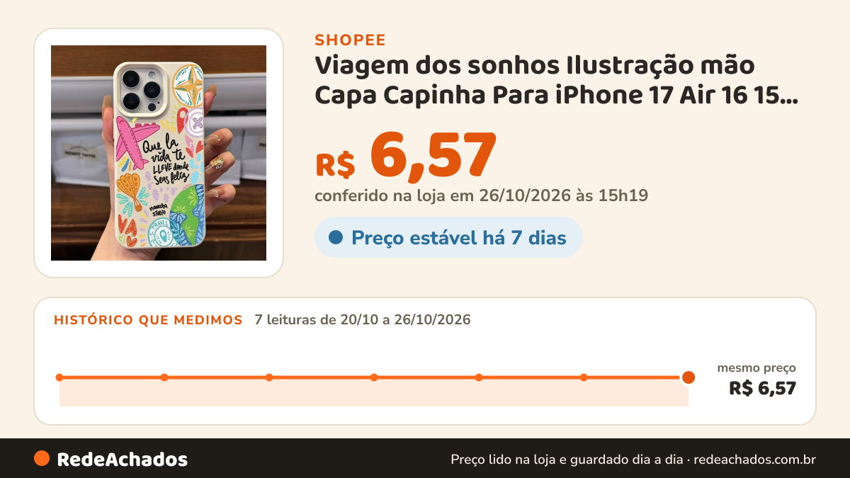 Histórico de preço de Viagem dos sonhos Ilustração mão Capa Capinha Para iPhone 17 Air 16 15 14 Plus 13 12 11… na Shopee: 7 leituras de 20/10/2026 a 26/10/2026, mesmo preço, R$ 6,57, em todas; R$ 6,57 conferido em 26/10/2026 às 15h19