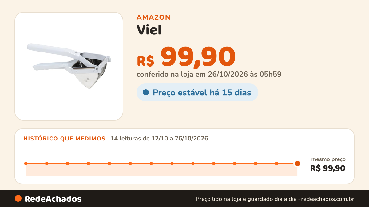 Histórico de preço de Viel – Espremedor para Legumes Triangular na Amazon: 14 leituras de 12/10/2026 a 26/10/2026, mesmo preço, R$ 99,90, em todas; R$ 99,90 conferido em 26/10/2026 às 05h59