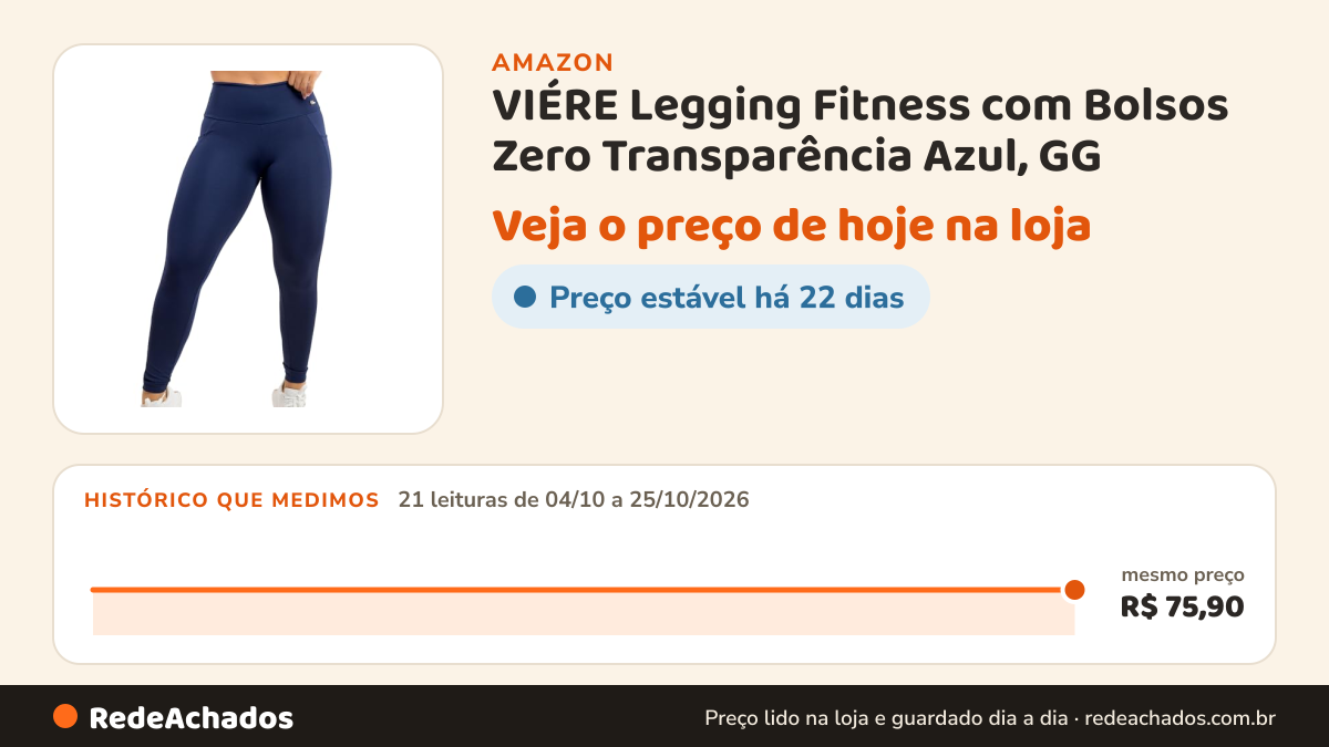 Histórico de preço de VIÉRE Legging Fitness com Bolsos Zero Transparência Azul, GG na Amazon: 21 leituras de 04/10/2026 a 25/10/2026, mesmo preço, R$ 75,90, em todas