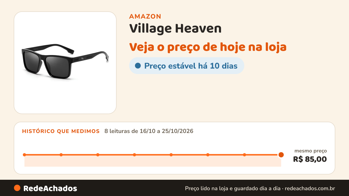 Histórico de preço de Village Heaven na Amazon: 8 leituras de 16/10/2026 a 25/10/2026, mesmo preço, R$ 85,00, em todas