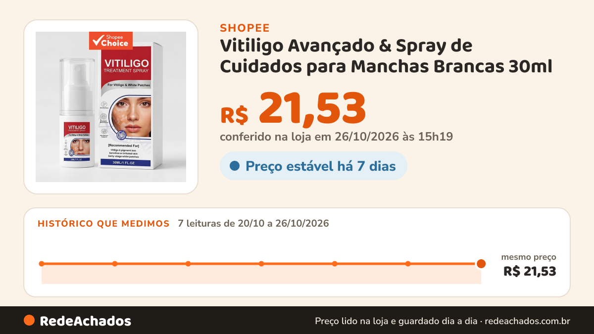 Histórico de preço de Vitiligo Avançado & Spray de Cuidados para Manchas Brancas 30ml – Carbômero & Arginina… na Shopee: 7 leituras de 20/10/2026 a 26/10/2026, mesmo preço, R$ 21,53, em todas; R$ 21,53 conferido em 26/10/2026 às 15h19