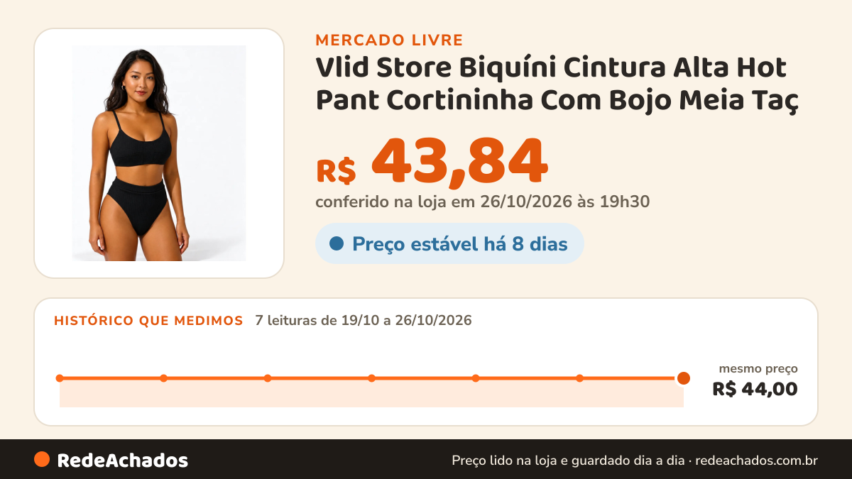 Histórico de preço de Vlid Store Biquíni Cintura Alta Hot Pant Cortininha Com Bojo Meia Taç no Mercado Livre: 7 leituras de 19/10/2026 a 26/10/2026, mesmo preço, R$ 44,00, em todas; R$ 43,84 conferido em 26/10/2026 às 19h30