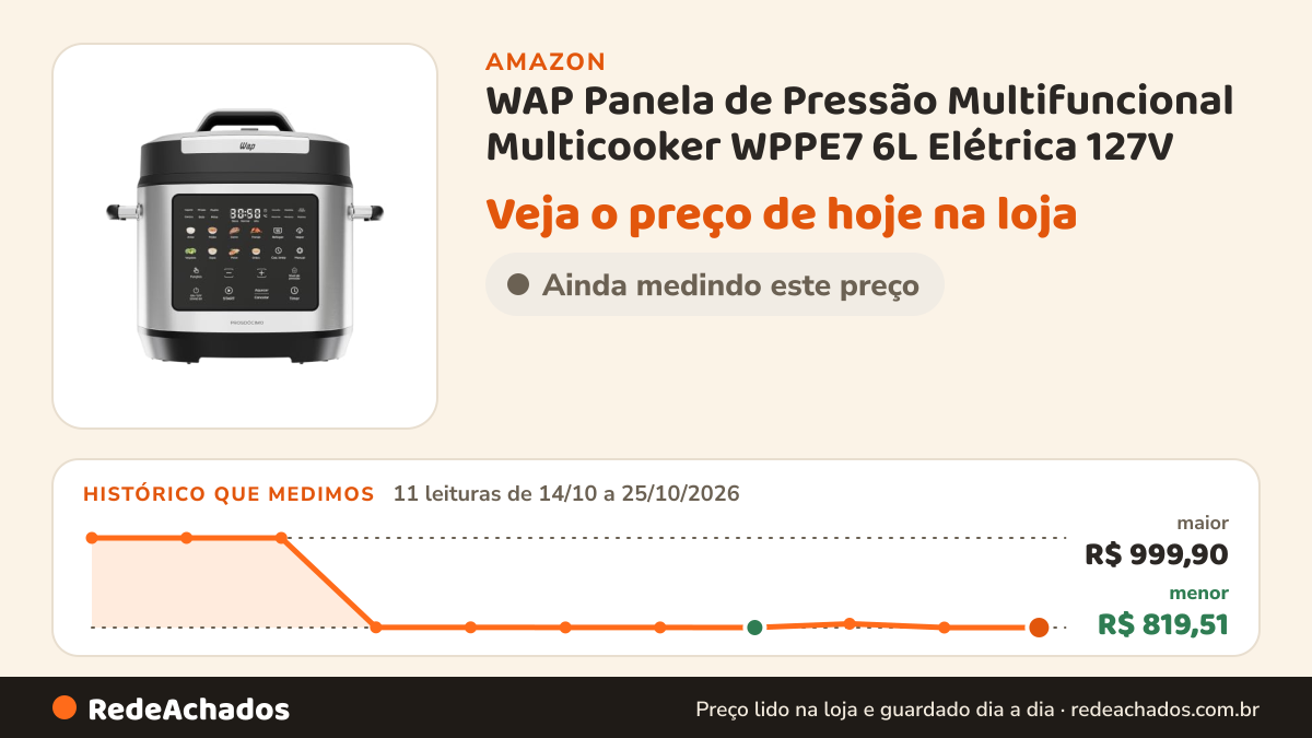 Histórico de preço de WAP Panela de Pressão Multifuncional Multicooker WPPE7 6L Elétrica 127V na Amazon: 11 leituras de 14/10/2026 a 25/10/2026, menor R$ 819,51, maior R$ 999,90