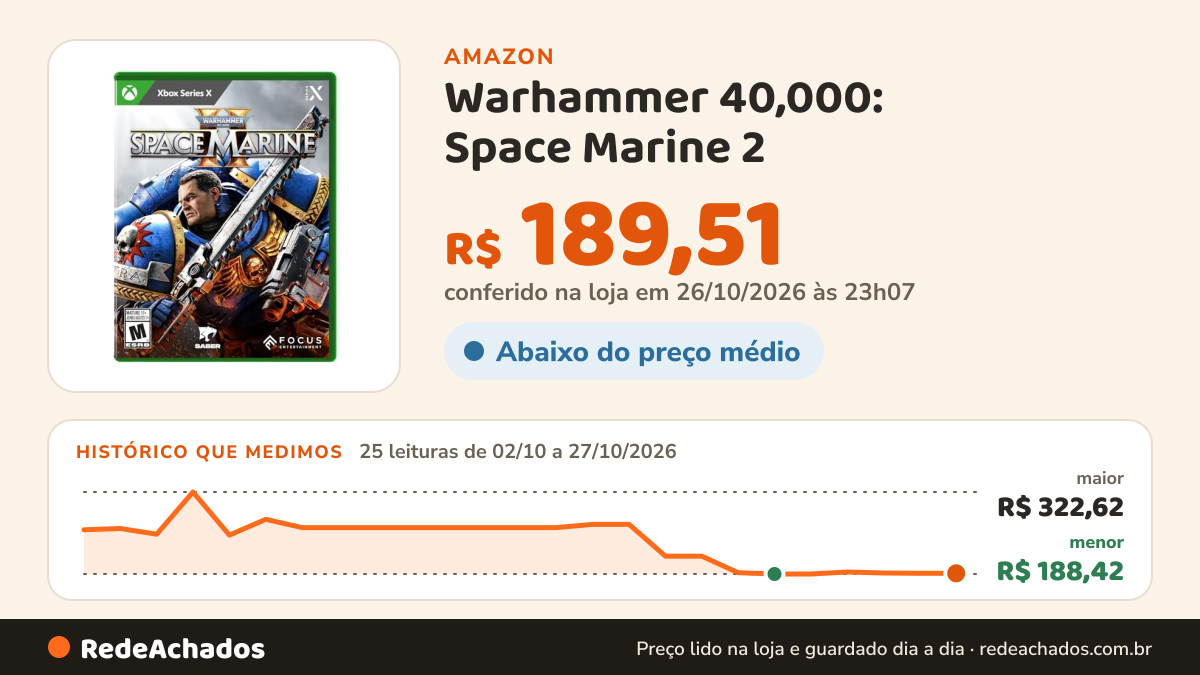 Histórico de preço de Warhammer 40,000: Space Marine 2 - Xbox Series X na Amazon: 25 leituras de 02/10/2026 a 27/10/2026, menor R$ 188,42, maior R$ 322,62; R$ 189,51 conferido em 26/10/2026 às 23h07
