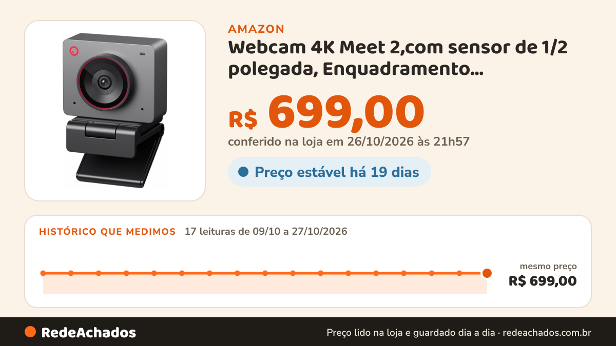 Histórico de preço de Webcam 4K Meet 2,com sensor de 1/2 polegada, Enquadramento automático por IA, controle por… na Amazon: 17 leituras de 09/10/2026 a 27/10/2026, mesmo preço, R$ 699,00, em todas; R$ 699,00 conferido em 26/10/2026 às 21h57