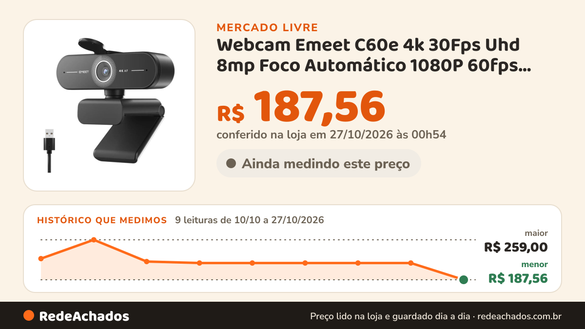 Histórico de preço de Webcam Emeet C60e 4k 30Fps Uhd 8mp Foco Automático 1080P 60fps Camera Para PC 2 no Mercado Livre: 9 leituras de 10/10/2026 a 27/10/2026, menor R$ 187,56, maior R$ 259,00; R$ 187,56 conferido em 27/10/2026 às 00h54