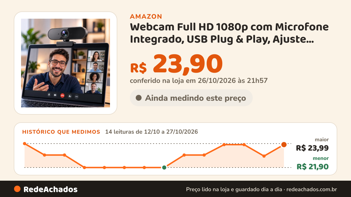 Histórico de preço de Webcam Full HD 1080p com Microfone Integrado, USB Plug & Play, Ajuste Automático de Luz… na Amazon: 14 leituras de 12/10/2026 a 27/10/2026, menor R$ 21,90, maior R$ 23,99; R$ 23,90 conferido em 26/10/2026 às 21h57