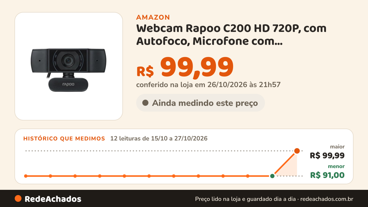 Histórico de preço de Webcam Rapoo C200 HD 720P, com Autofoco, Microfone com Cancelamento de Ruído, Preto - C200 na Amazon: 12 leituras de 15/10/2026 a 27/10/2026, menor R$ 91,00, maior R$ 99,99; R$ 99,99 conferido em 26/10/2026 às 21h57