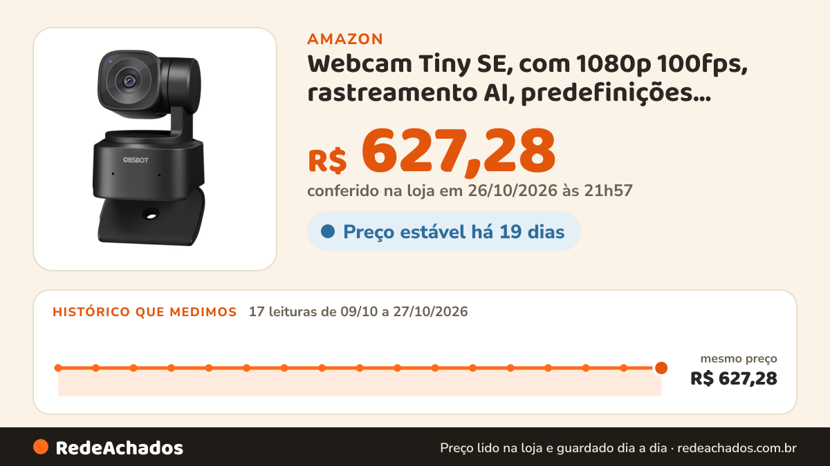 Histórico de preço de Webcam Tiny SE, com 1080p 100fps, rastreamento AI, predefinições personalizadas,controle… na Amazon: 17 leituras de 09/10/2026 a 27/10/2026, mesmo preço, R$ 627,28, em todas; R$ 627,28 conferido em 26/10/2026 às 21h57