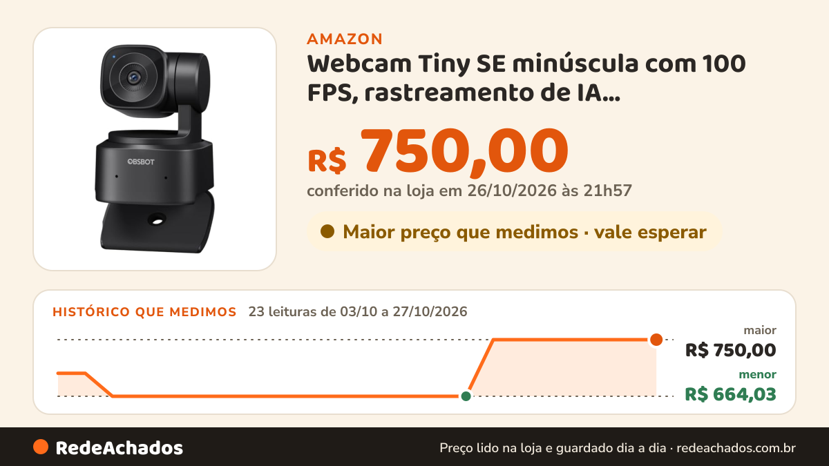 Histórico de preço de Webcam Tiny SE minúscula com 100 FPS, rastreamento de IA, predefinições personalizadas… na Amazon: 23 leituras de 03/10/2026 a 27/10/2026, menor R$ 664,03, maior R$ 750,00; R$ 750,00 conferido em 26/10/2026 às 21h57