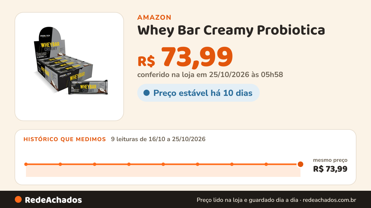Histórico de preço de Whey Bar Creamy Probiotica - Sabor: Coco 12 Unidades na Amazon: 9 leituras de 16/10/2026 a 25/10/2026, mesmo preço, R$ 73,99, em todas; R$ 73,99 conferido em 25/10/2026 às 05h58