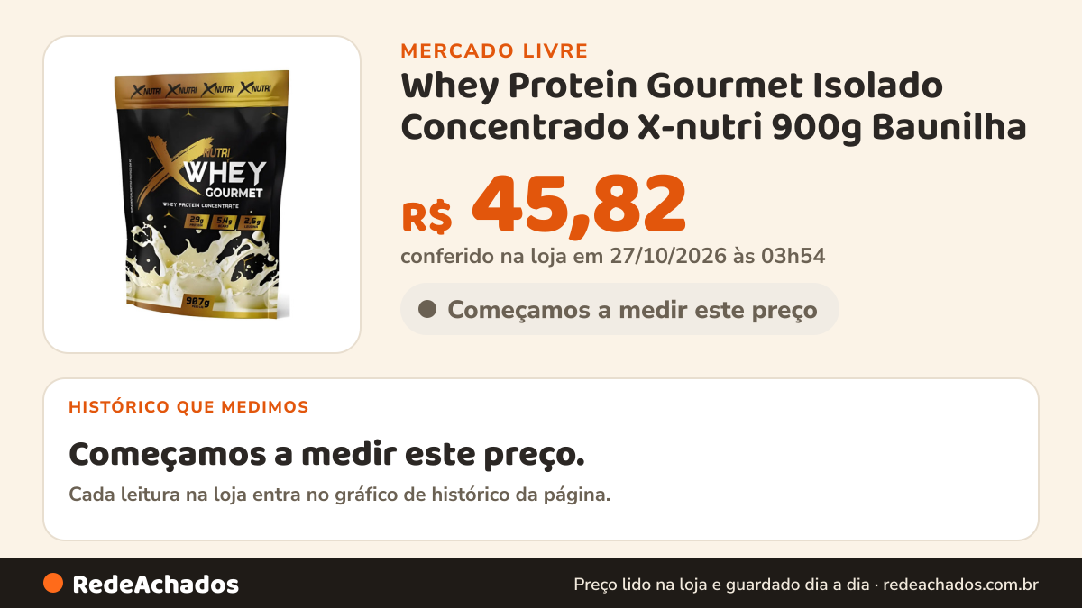 Histórico de preço de Whey Protein Gourmet Isolado Concentrado X-nutri 900g Baunilha no Mercado Livre: 14 leituras de 19/09/2026 a 04/10/2026, menor R$ 47,00, maior R$ 51,99