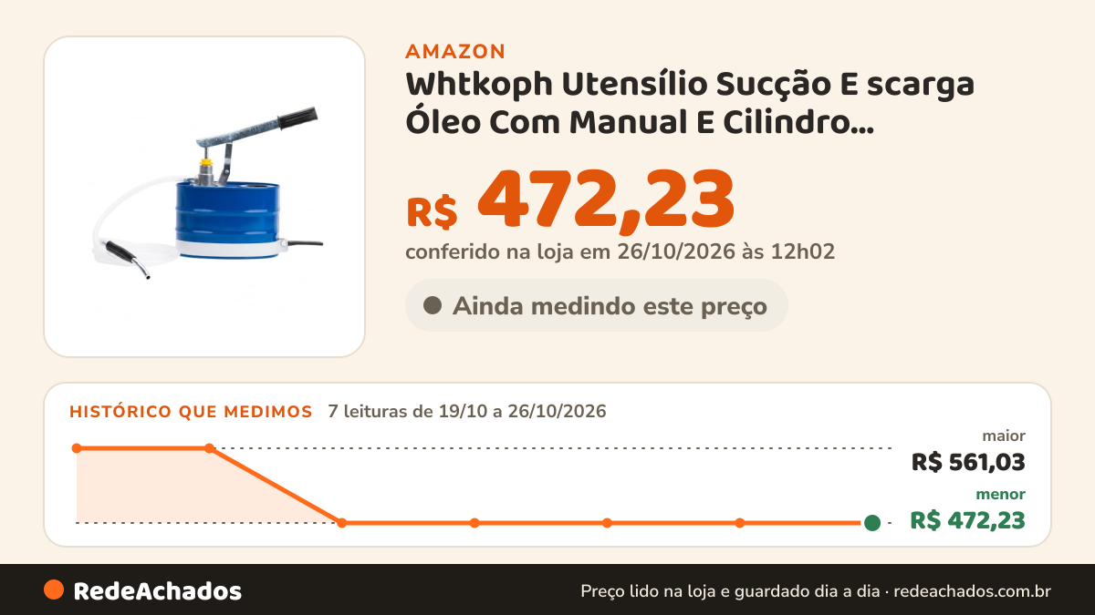 Histórico de preço de Whtkoph Utensílio Sucção E scarga Óleo Com Manual E Cilindro Reforçado Para Serviços… na Amazon: 7 leituras de 19/10/2026 a 26/10/2026, menor R$ 472,23, maior R$ 561,03; R$ 472,23 conferido em 26/10/2026 às 12h02