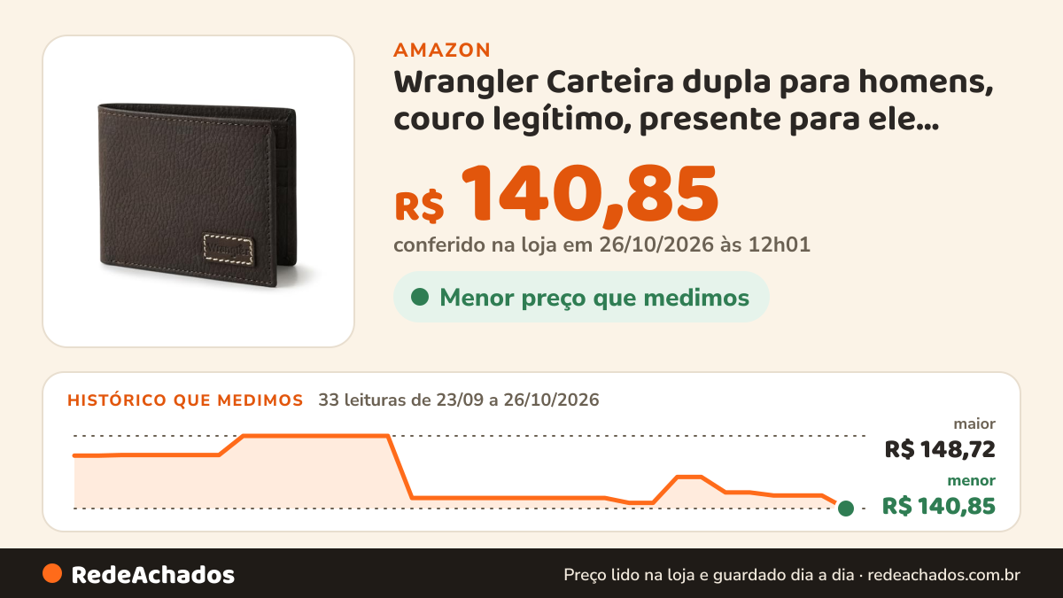 Histórico de preço de Wrangler Carteira dupla para homens, couro legítimo, presente para ele, Marrom, tamanho… na Amazon: 33 leituras de 23/09/2026 a 26/10/2026, menor R$ 140,85, maior R$ 148,72; R$ 140,85 conferido em 26/10/2026 às 12h01