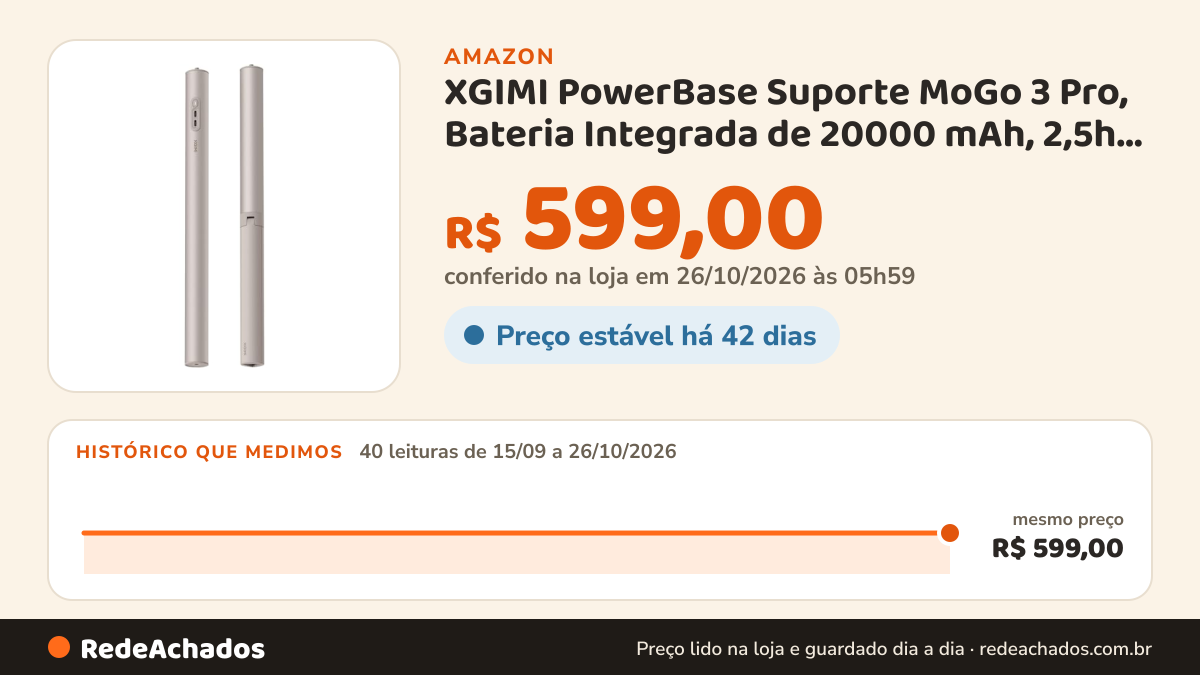 Histórico de preço de XGIMI PowerBase Suporte MoGo 3 Pro, Bateria Integrada de 20000 mAh, 2,5h de Uso, Power… na Amazon: 40 leituras de 15/09/2026 a 26/10/2026, mesmo preço, R$ 599,00, em todas; R$ 599,00 conferido em 26/10/2026 às 05h59