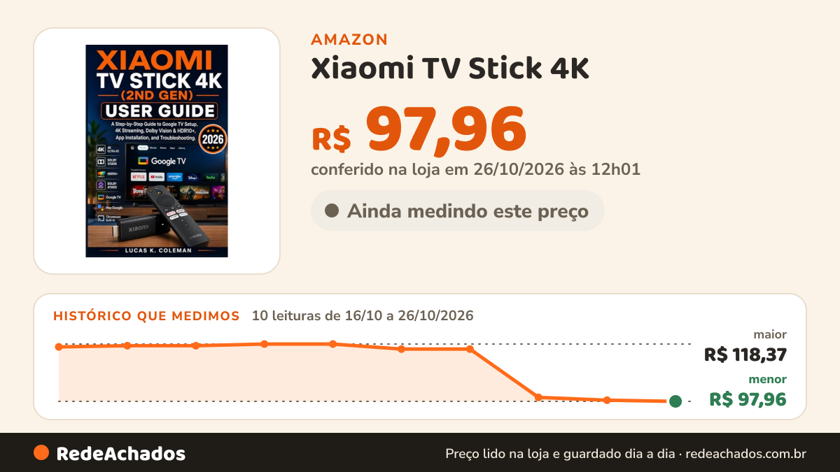 Histórico de preço de Xiaomi TV Stick 4K (2nd Gen) User Guide: A Step-by-Step Guide to Google TV Setup, 4K… na Amazon: 10 leituras de 16/10/2026 a 26/10/2026, menor R$ 97,96, maior R$ 118,37; R$ 97,96 conferido em 26/10/2026 às 12h01