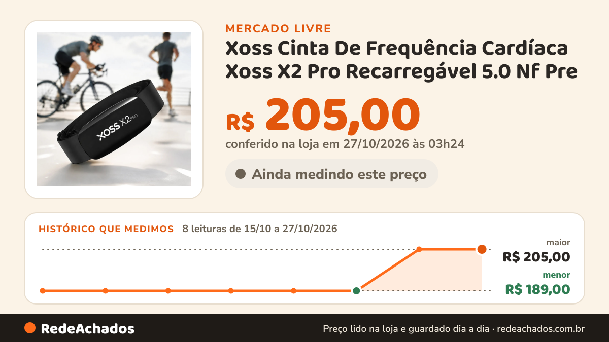 Histórico de preço de Xoss Cinta De Frequência Cardíaca Xoss X2 Pro Recarregável 5.0 Nf Pre no Mercado Livre: 8 leituras de 15/10/2026 a 27/10/2026, menor R$ 189,00, maior R$ 205,00; R$ 205,00 conferido em 27/10/2026 às 03h24