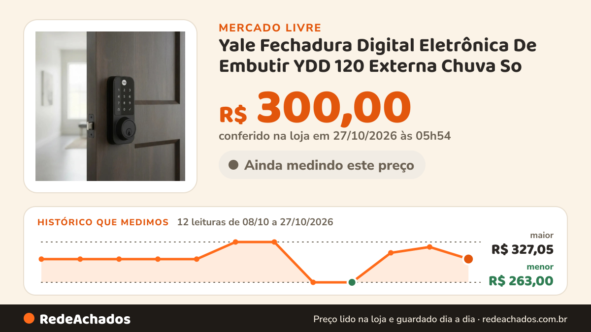 Histórico de preço de Yale Fechadura Digital Eletrônica De Embutir YDD 120 Externa Chuva So no Mercado Livre: 12 leituras de 08/10/2026 a 27/10/2026, menor R$ 263,00, maior R$ 327,05; R$ 300,00 conferido em 27/10/2026 às 05h54