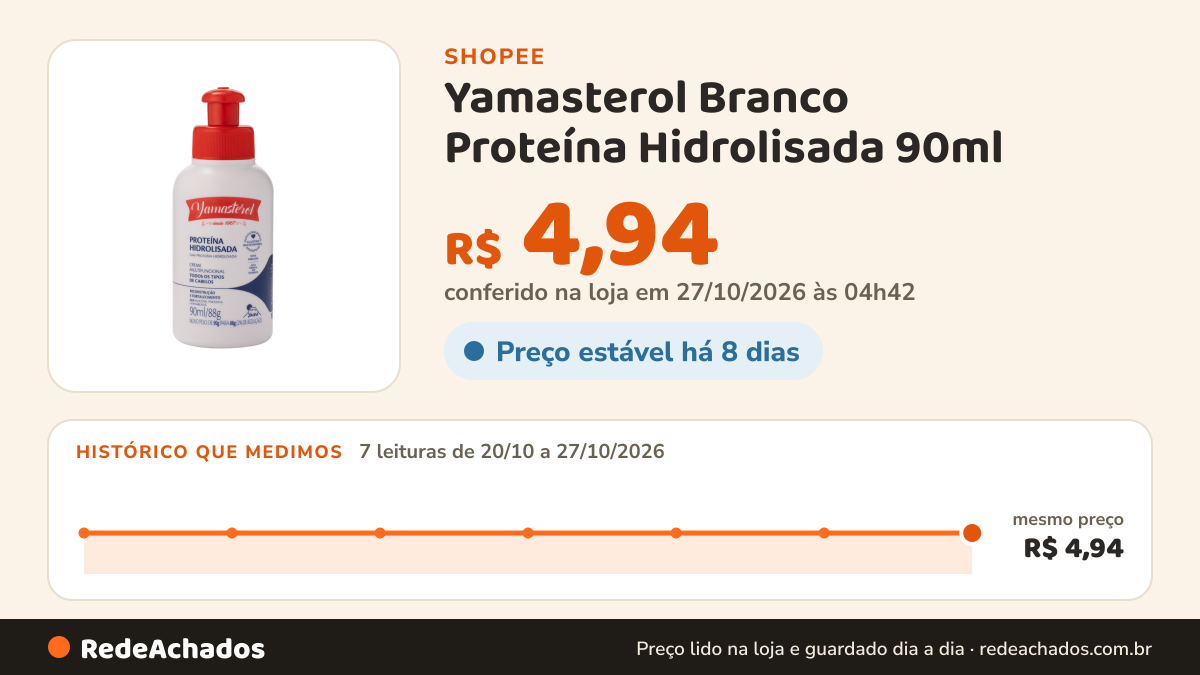 Histórico de preço de Yamasterol Branco Proteína Hidrolisada 90ml - Yamá na Shopee: 7 leituras de 20/10/2026 a 27/10/2026, mesmo preço, R$ 4,94, em todas; R$ 4,94 conferido em 27/10/2026 às 04h42