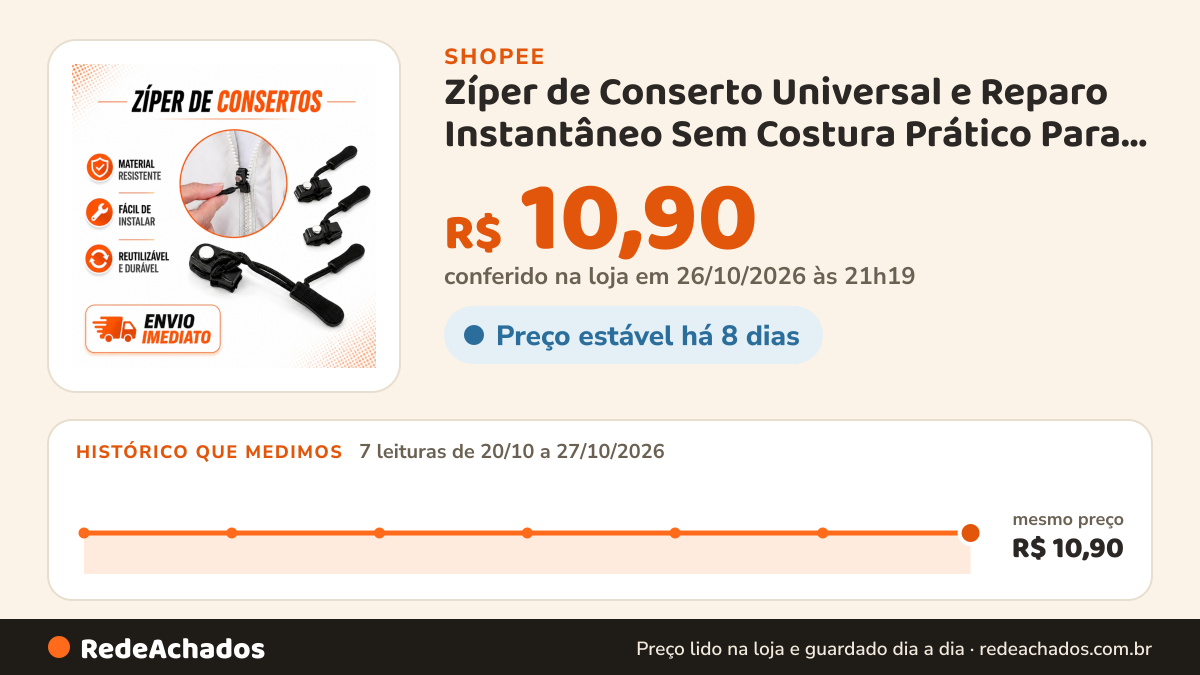 Histórico de preço de Zíper de Conserto Universal e Reparo Instantâneo Sem Costura Prático Para Bolsa Mochila… na Shopee: 7 leituras de 20/10/2026 a 27/10/2026, mesmo preço, R$ 10,90, em todas; R$ 10,90 conferido em 26/10/2026 às 21h19
