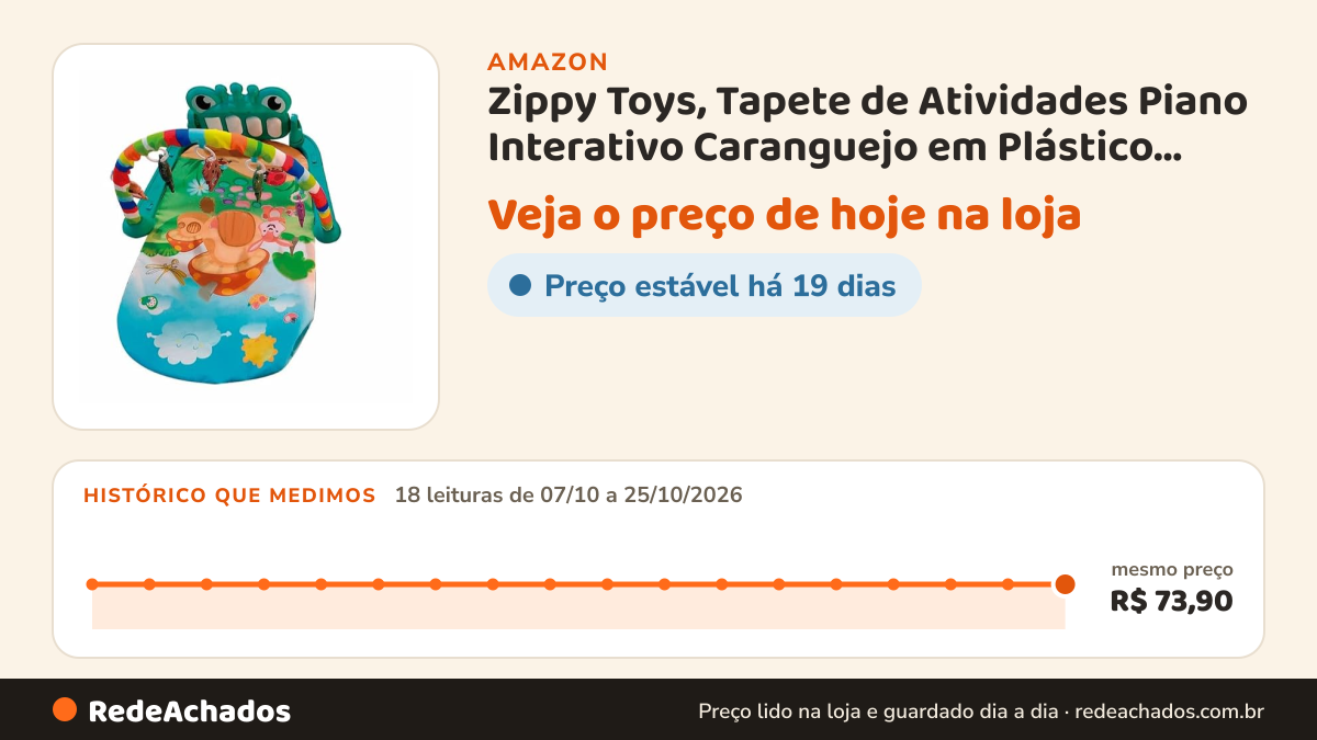 Histórico de preço de Zippy Toys, Tapete de Atividades Piano Interativo Caranguejo em Plástico 73x61,5 cm… na Amazon: 18 leituras de 07/10/2026 a 25/10/2026, mesmo preço, R$ 73,90, em todas