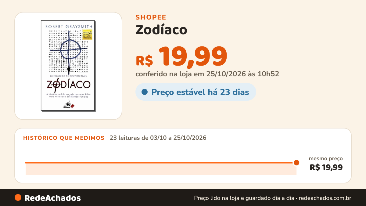 Histórico de preço de Zodíaco - Pocket - ( Folhas amareladas) na Shopee: 23 leituras de 03/10/2026 a 25/10/2026, mesmo preço, R$ 19,99, em todas; R$ 19,99 conferido em 25/10/2026 às 10h52