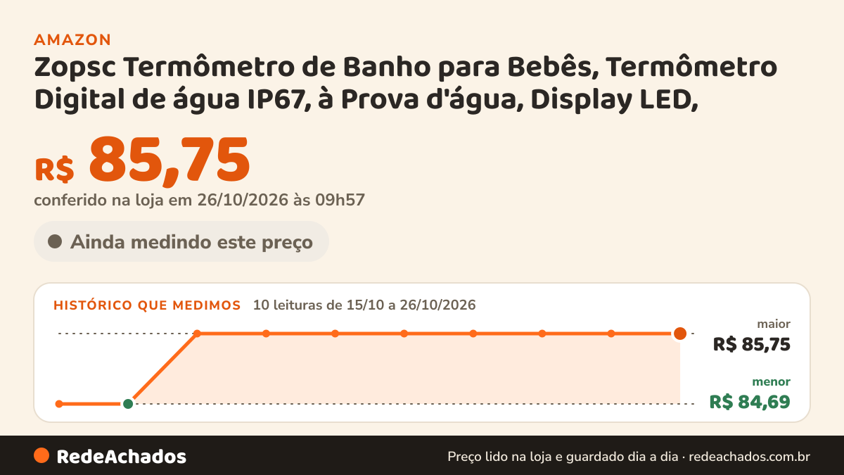 Histórico de preço de Zopsc Termômetro de Banho para Bebês, Termômetro Digital de água IP67, à Prova d'água… na Amazon: 9 leituras de 15/10/2026 a 25/10/2026, menor R$ 84,69, maior R$ 85,75; R$ 85,75 conferido em 25/10/2026 às 12h00