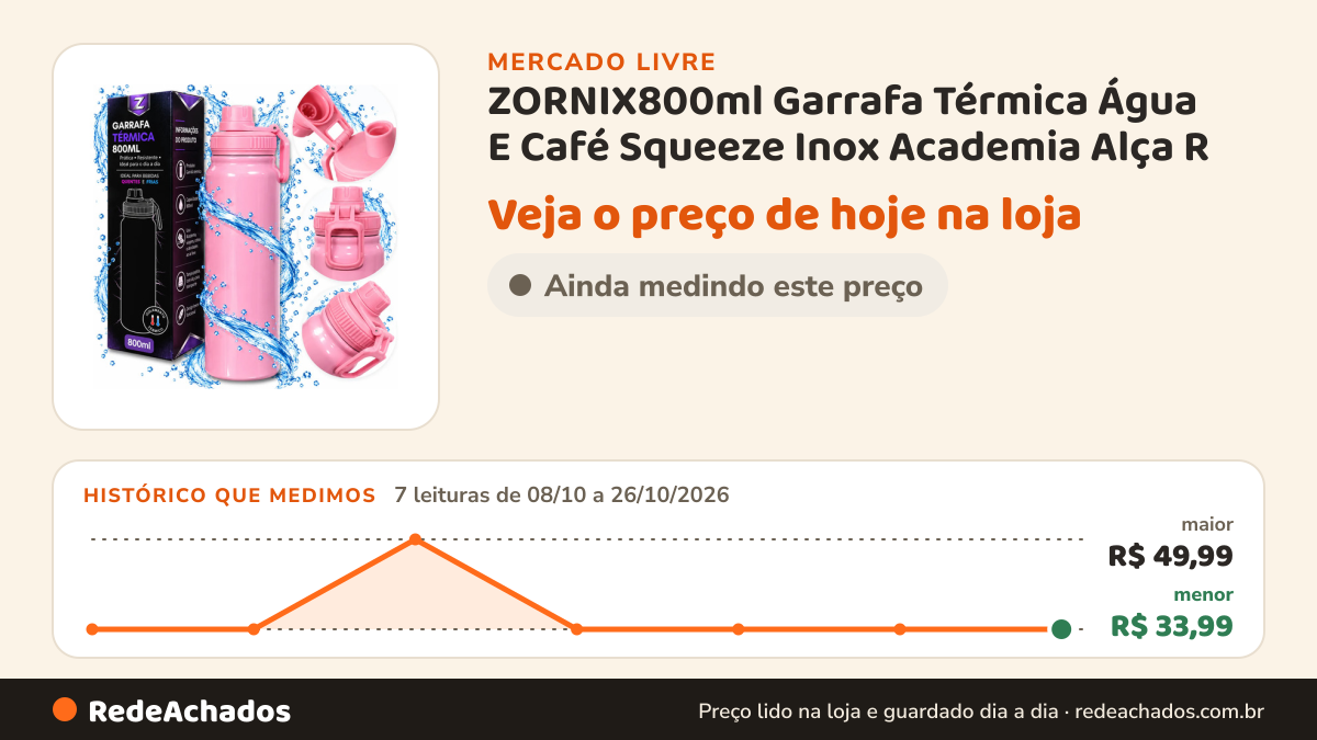 Histórico de preço de ZORNIX800ml Garrafa Térmica Água E Café Squeeze Inox Academia Alça R no Mercado Livre: 7 leituras de 08/10/2026 a 26/10/2026, menor R$ 33,99, maior R$ 49,99